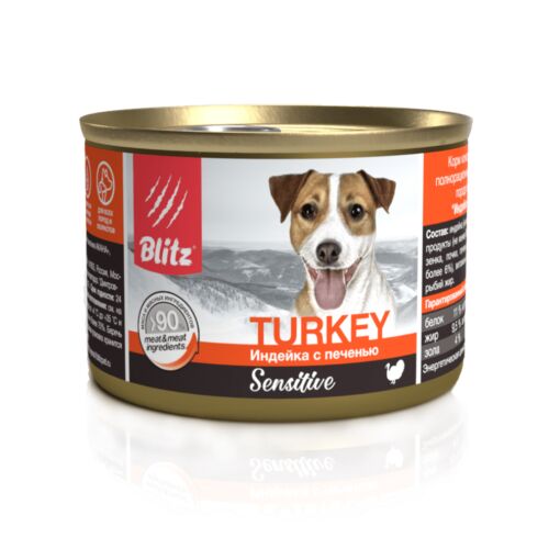 BLITZ: Индейка с печенью, корм консерв.полнорац. для собак всех пород и возрастов 200 гр