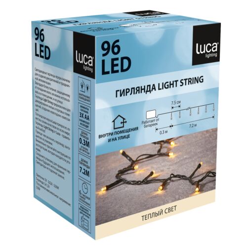 Luca: Гирлянда "String light", теплый свет, работает от батареек, таймер на отключение 6/18, 96 ламп 7,5 см., раст., 720 см.