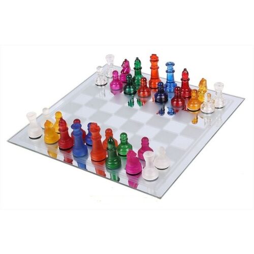 Шахматы сувенирные стекло доска зеркальная фигуры цветные 20*20см
