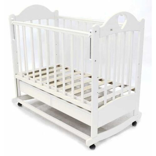 Вердус: Кровать детская ИРИШКА 2 (ящик колесо/качалка накладка сердечко) Белая