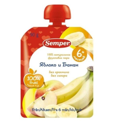 Semper: Пюре пауч фруктовое Яблоко и банан, 90гр