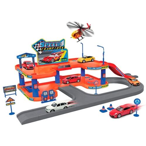 Welly: Игровой набор Гараж,  включает 3 машины и вертолет