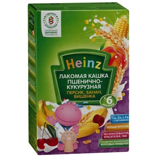 Heinz: Каша 200г Лакомая пшенично-кукурузная персик-банан-вишня