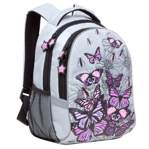Рюкзак школьный для девочки Grizzly Бабочки серый