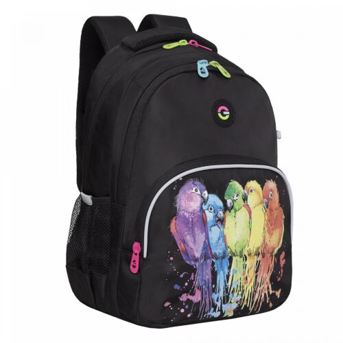 Рюкзак школьный для девочки Grizzly Попугаи , черный