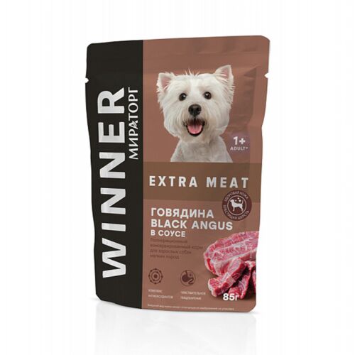 Winner Мираторг: Extra Meat Корм консерв, полнорац, с говядиной в соусе для взрослых собак мелких пород "Говядина Black Angus в соусе" 85 гр