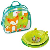 Chicco: Набор детской посуды ( тарелка 2 шт, ложка, вилка) в рюкзачке 18м+, зеленый