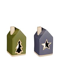 House of seasons: Подсвечник "Домик ёлка/звезда", синий/зелёный, 2 в ассорт., l6,5xw6,5xh12cm
