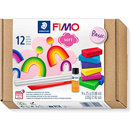 Базовый набор полимерной глины Fimo soft 9 цв, глянцевый лак, инструменты