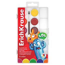 Краски акварельные ErichKrause Jolly Friends 12 цветов с палитрой и кистью (в пластиковой коробке с европодвесом)