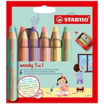 Карандаши цветные STABILO Woody Pastel 3 в 1 утолщённые: карандаш + акварель + восковой мелок, с точилкой, 6 цветов