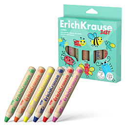 Цветные карандаши деревянные ErichKrause Baby Jumbo утолщенные круглые, грифель 10 мм, 6 цветов с точилкой